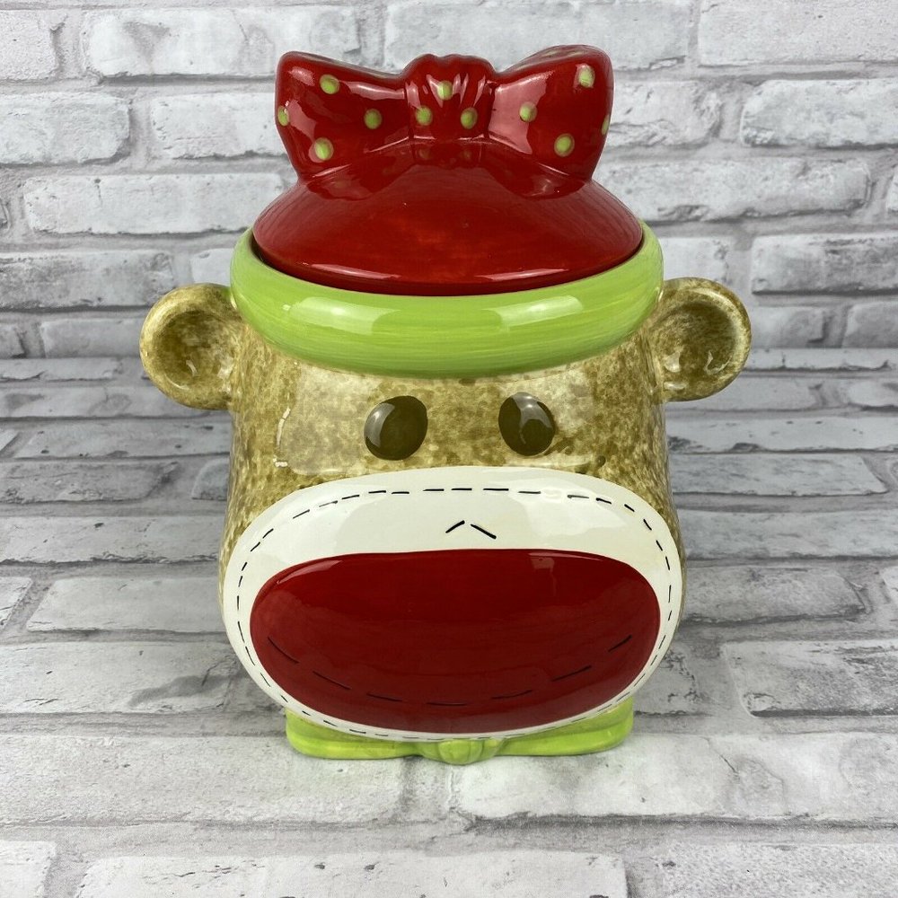 Sock Monkey Cookie Jar Earthenware Tight Seal
